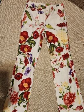 Carlisle White Pants with Red, Orange & Purple Floral Print